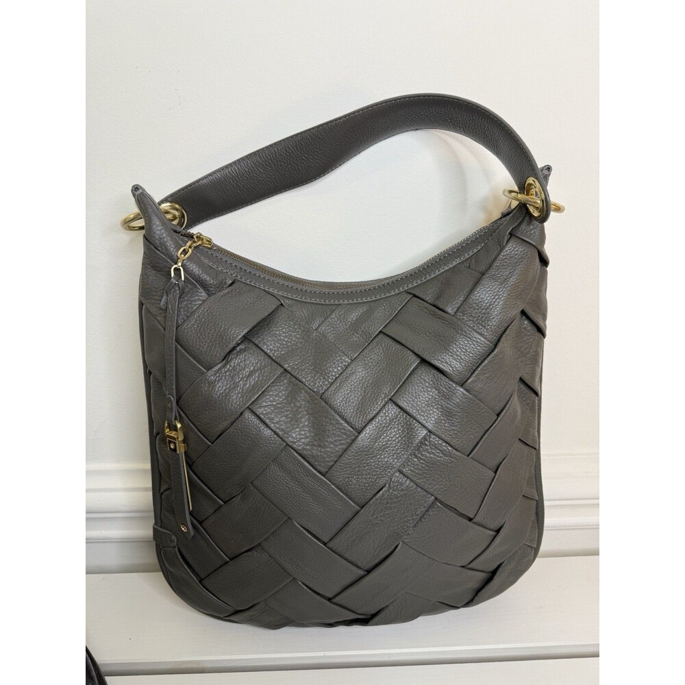 Cole Haan Gray Woven Leather Shoulder Bag Hobo Gold Hardware Large Purse